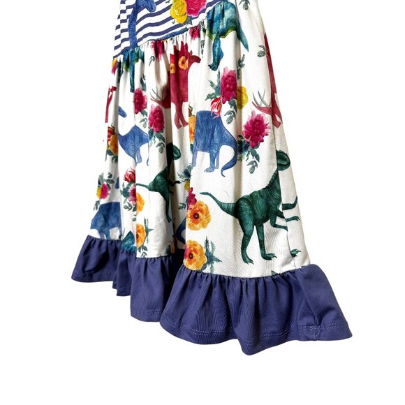 Penelope Plumm Girls Dinosaur Dress Size 4 | Floral Dino Striped Ruffle Hem Sund - Picture 3 of 6